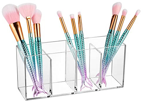 OWAYOTO Pen Holder Acrylic Clear Makeup Brushes Holder Pencil Organizer Cup Makeup Brushes Organiser Cup Makeup Container Storage Desk Accessories Holder 4 slots