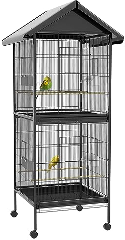 PawHut Jaula para Pájaros 2 en 1 Grande de 2 Pisos Convertible en Sola Pajarera con Ruedas 4 Comederos 4 Perchas y Bandejas Extraíbles para Canarios Loros 78x75x168 cm Negro