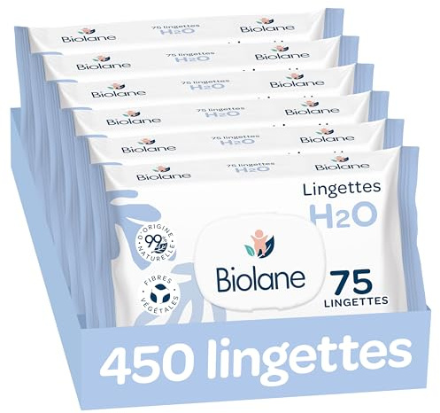 BIOLANE - Lingettes bébé à l'eau - 450 Lingettes - Lot de 6x75 - Nettoyage doux et efficace - Sans Rinçage - Dès la naissance