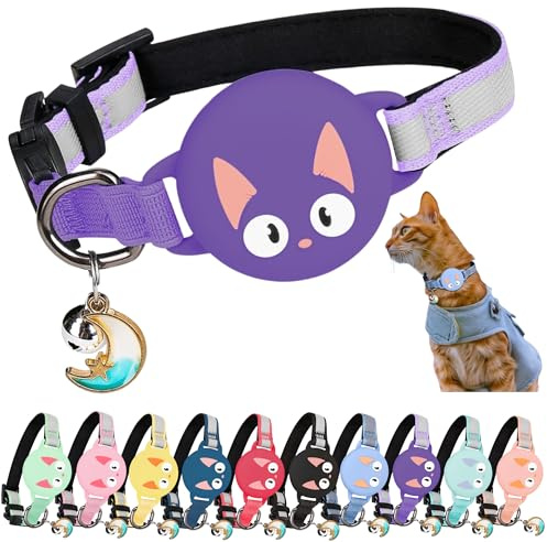 KittyTag AirTag Cat Collar – Breakaway Reflective & Waterproof Collar with Built-in Holder, Adjustable with Bell for Indoor/Outdoor Cats – AirTag Not Included, Purple (9-12)