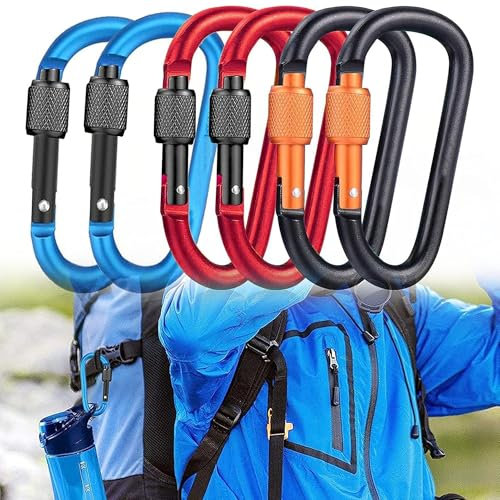 6Pcs Aluminum Carabiner Clips - Heavy Duty Karabiner Keychain Hook D Ring Clip Locking Carabiner for Hiking, Camping, Outdoor, Fishing, Traveling