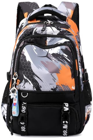 Tanou Sac a Dos College Garcon Renforcé, Motif Camouflage Cartable Garcon Primaire, Résistant à l'Eau Cartable Scolaire pour Adolescents 10-18 Ans en Nylon, Noir/Orange