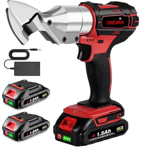 ONEVAN cisaille tole sans fil, cisaille electrique avec 2 batteries de 1,5 Ah e chargeur rapide, épaisseur de coupe 3 mm, ciseaux electrique à métaux pour couper le métal, fer, tapis et tissu