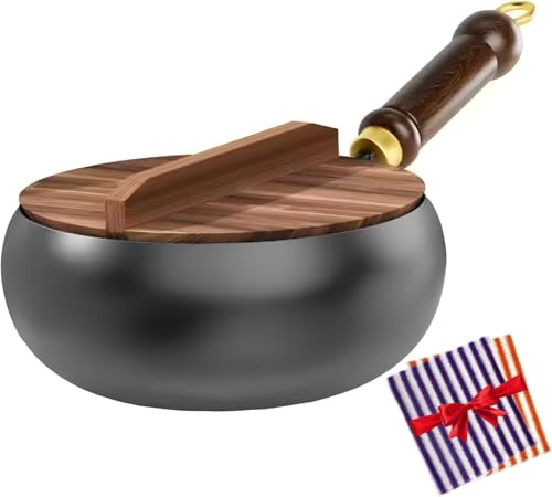 Générique Poele Fonte Wok 24 Cm Casserole en Fer Non Revêtue Récipient De Cuisson Polyvalent Poêle Domestique Revêtement Antiadhésif Forge À La Main,Pot + Couvercle en Bois