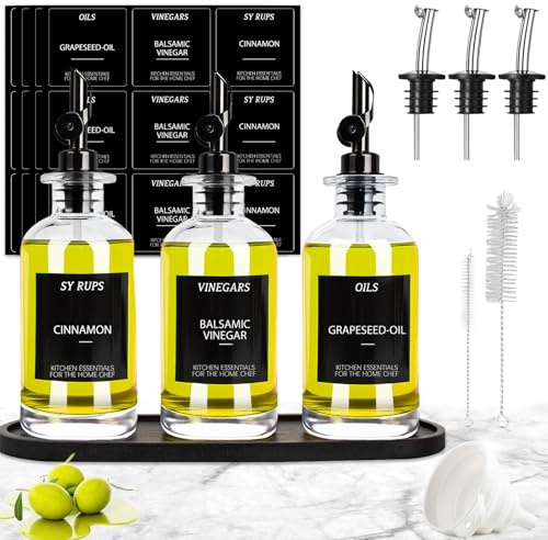 3PCS Olive Oil Dispenser Bottle For Kitchen, Soy Sauce Dispenser, Glass Oil and Vinegar Dispenser Set W. Wooden Tray & Labels & 3 Replacement Spouts, Coffee Syrup Dispenser