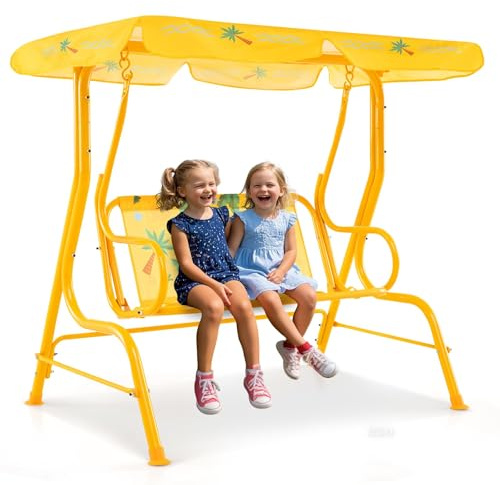 FANTASK Kindgerechte Schaukel, Kinder Hollywoodschaukel mit verstellbarem Sonnendach & Metallgestell, Gartenschaukel mit Sicherheitsgurten (Gelb)