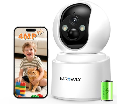 Mrowly Battery Operated Indoor Camera 2.5K, Home Security Camera Wireless with 6000mAh Rechargeable Battery, Dual-Band WiFi 2.4/5G, 360° PTZ, Color Night Vision, Pet Camera with PIR Motion Detection