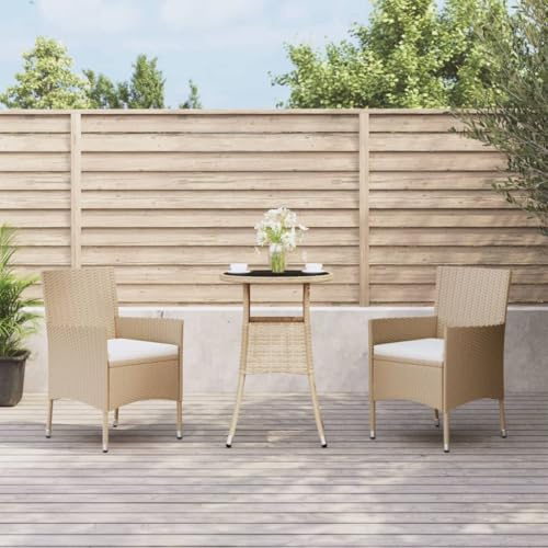 Tonture Ensemble bistro de jardin 3 pièces en polyrotin beige avec coussins, table de 60 cm, pour balcon et terrasse, sièges d'extérieur confortables