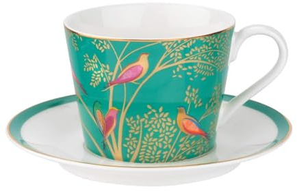 Portmeirion x Sara Miller London Cup and Saucer Gift Set - Green & White Tea Cup and Saucer with 22ct Gold Detailing, Chelsea Collection