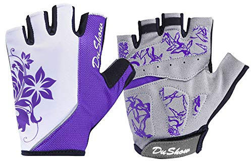 DuShow Women Half Finger Cycling Gloves, Floral Pattern Printed with Anti-Slip Shock-Absorbing Pad for Road/Mountain Biking, Gym - Short Fingerless(Purple,M)