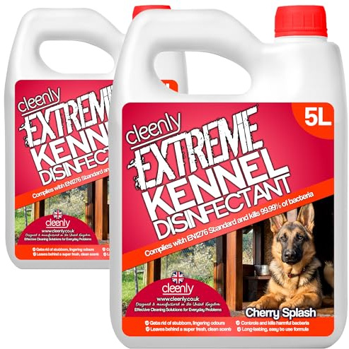 Cleenly Extreme Kennel Cleaner Disinfectant 2 x 5L– 3-in-1 High Strength Pet Cleaner, Kills 99.9% of Bacteria, EN1276 Tested, Odour Eliminator for Kennels, Floors & Pet Areas (Cherry)