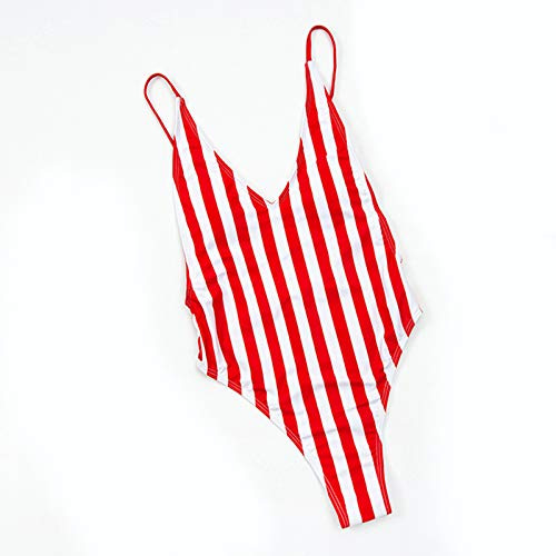 Bañador de Una Pieza Mujeres Traje de Baño Push Up con Cuello en V Corte Alto Halter Rayas Sin Respaldo Bañador Espalda Baja con Relleno Natación Playa,Rojo,L