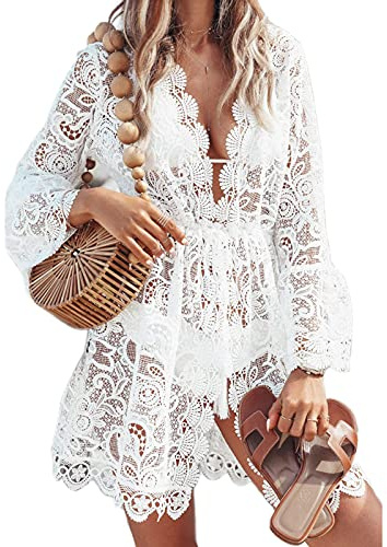 Women Lace Floral Bikini Cover Ups V Neck Hollow Out Swimwear Tunic Beach Dress Summer Beachwear (White, Small)
