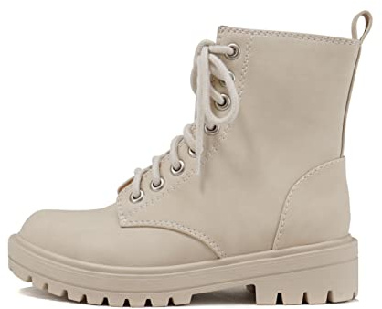 Soda FIRM - Lug Sole Combat Ankle Bootie Lace up w/Side Zipper (Beige NBPU, numeric_10)
