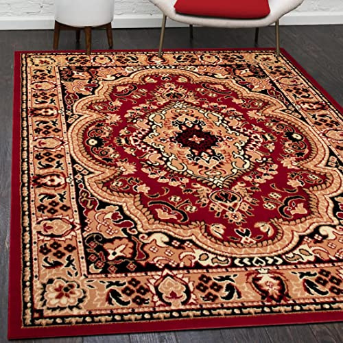 Mazovia Orientalisch Vintage Teppich - Kurzflor - Muster mit Medaillon - Traditioneller Teppich für Wohnzimmer, Esszimmer - ÖKO-TEX Wohnzimmerteppich - Rot 80 x 150 cm