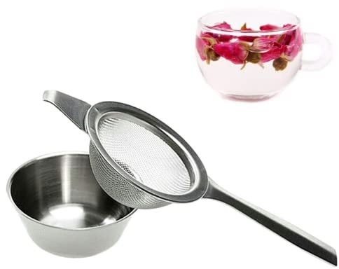 Fine Mesh Tea Strainer, Stainless Steel Tea Strainer with Long Handle&Dripping Bowl, Small Filter Sieve for Teas/Cocktails/Flour/Sugar/Spices/Herbs(Silver)