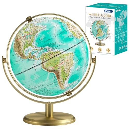 JOWHOL 8'' World Globe with Gold Stand 720° Rotating, Kids Adults Student Geography Educational, Desk Globe Decorative Office Classroom, Unique Birthday Christmas Gifts (Elegant Turquoise)