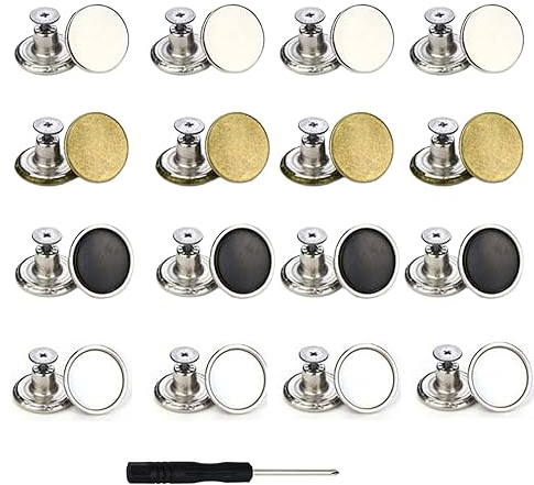 LMOGWL 16-teiliger Hosenknopf Ersatz Kit mit Schraubendreher, 17mm verstellbarer Jeansknopf, abnehmbarer Metallknopf, DIY Jeansknopf Ersatz Set zur Reparatur von Jeans (4-Farben)
