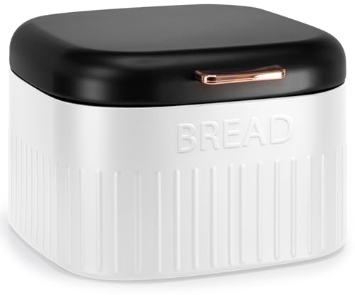 EHC Large Metal Bread Box Bin, Kitchen Storage Box For Countertop With Hinged Lid, Black & White
