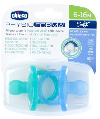 Chicco PhysioForma Ciuccio in Silicone 6 - 16 Mesi, Set di Gommotti Morbidi e Delicati, Supportano la Respirazione Fisiologica e Favoriscono il Corretto Sviluppo della Bocca, Azzurro