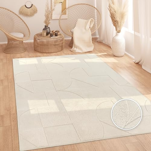 Paco Home – Tapis Salon Moderne à Poils Courts, Effet 3D Haut-Bas, Très Doux, Style Contemporain, Crème Beige, Idéal Salon & Chambre