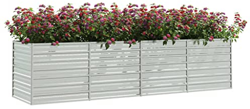 KOIECETA Hochbeet Pflanzkübel Blumenkasten Garten Pflanzkasten Terrassen Gemüsebeet Gartenbeet Frühbeet Pflanzbeet Verzinkter Stahl Silbern 320 x 80 x 77 cm