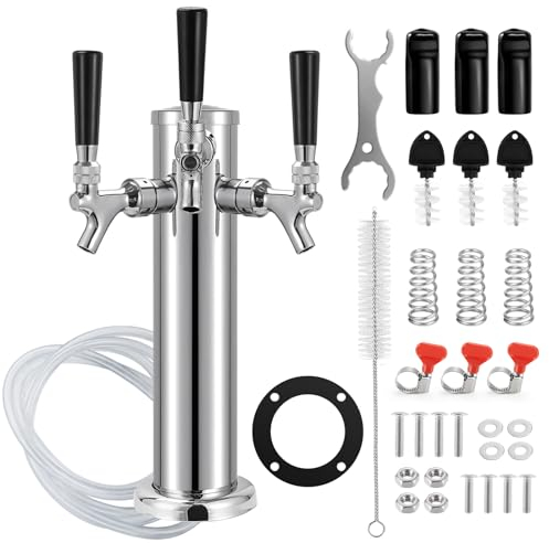 Hgkeke 3 Tap Beer Tower Stainless Core Beer Faucet Kegerator Tower Draft Beer Tap Tower Dispenser Pre-Installed Kegerator Tap Tower Kit with Self-Closing Spring Keg Tap Beer Brewing Kit
