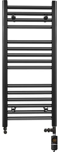 300mm Wide Matt Black Electric Dual Fuel Bathroom Towel Rail Radiator Heater With AF Thermostatic Electric Dual Fuel Element UK (300 x 800 mm)