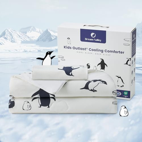 Dream Valley® Outlast® Cooling Kids Comforter with 1 Pillowcase Set, NASA-Grade Technology Cooling Blanket for Toddler, Q-Max > 0.45 Aerocool Soft and Cool, Antarctic Penguin, 50 * 70*