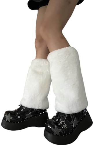 MZRAN Scaldamuscoli per donne e ragazze, scaldamuscoli invernali pelosi lunghi per stivali, copriscarpe pelosi, per feste, festival, spettacoli, giochi, bianco, 25 cm