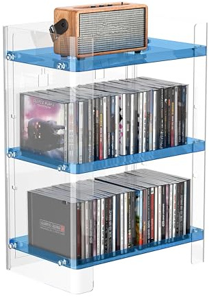 YFEEN 3 Tier Clear Acrylic CD Organizer, Holds Up to 54 CDs, Countertop Storage, Media Shelf, Home Office