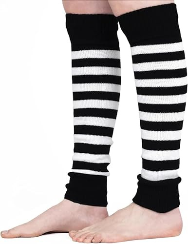 ANZEE Kids Stripe Leg Warmers Stay Warm & Stylish Girls Knitted Ankle Children Legwarmer for Book Week Christmas School Dance Party Wear Sports Yoga Accessories (White Black, One Size)