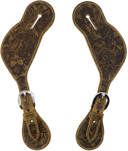 Jeereal Leather Western Spur Straps for Cowboy,Men and Women's Boots Equipment,Double Ply Reinforced Stitching Spur Straps, Dark Brown | Pattern, Medium