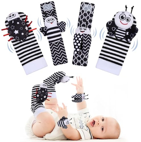 HAGOT 4PCS Rassel Baby Socken, Handgelenk Rasselsocken und Fußfinder Baby Spielzeug, Babyspielzeug Lernspielzeug, für Babyspielzeug 0-12 Monate