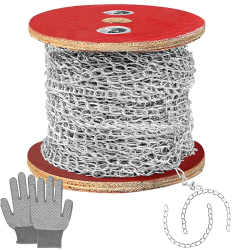 70m/230ft Jack Chain with Spool, 29 Lbs Galvanized Steel Hanging Chains with Non-Slip Gloves, Silver Heavy Duty Chain Link, Metal Roll Chains for Hanging Plants, Bird Feeders, Overhead Lights (6mm)