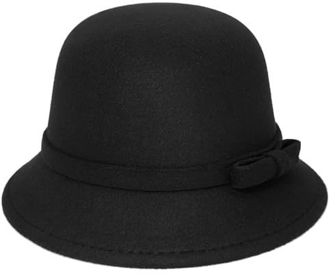 WULIQIUQIU Chapeau cloche en feutre pour femme avec nœud papillon Fedora - Chapeau melon vintage des années 1920, noir, Taille unique