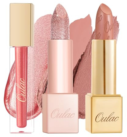 OULAC Nude Orange Metallic Lip Gloss Kit – Shimmer & High Pigment, Long Lasting Moisture Lip Gloss Set, Creamy Texture & Hydrating with Shea Butter, Vegan & Clean Beauty Formula MD05+PG12+MSD07(3pcs)