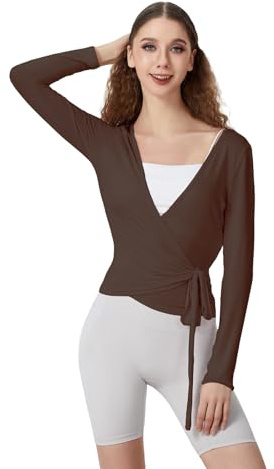 LYSINK Top da donna incrociato a maniche lunghe scollo a V profondo tinta unita slim fit t-shirt yoga pilates balletto allenamento top, Caffè Ba, S