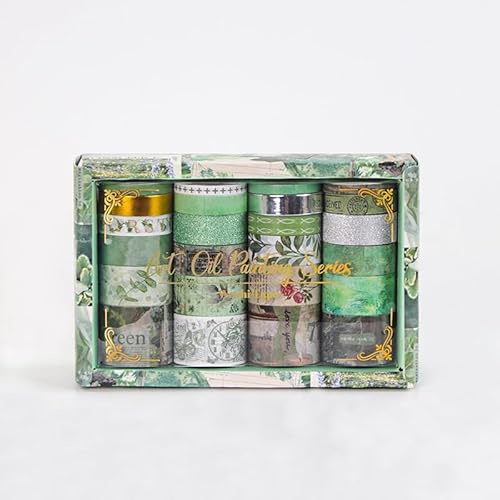 MSLSOZ Set di nastri washi 24 nastri decorativi vintage, motivi esclusivi, 5 dimensioni (1 oro, 1 argento) - perfetti per scrapbooking, journaling, DIY e regali(Verde)