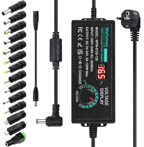 3V-24V 5A 120W Einstellbares Netzteil Universal Netzteiladapter Verstellbarer Netzadapter 100V-240V AC to DC 5A Netzteil mit LED Spannungsanzeige und 14 Tipps für Haushaltselektronik, 5000mA Max