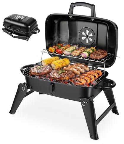 ERWEY Campinggrill, bärbar kolgrill, kolbordsgrill, 2-i-1-funktion som grill och ugn, hopfällbar grill med trähandtag för camping utomhus och trädgård, svart