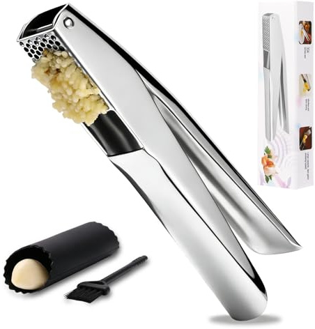 Knoblauchpresse Edelstahl 304 - Premium Garlic Press & Ingwerpresse mit Knoblauchschäler und Reinigungsbürsten - Knoblauchwippe Leicht zu Bedienen & Reinigen, Rostfrei Langlebig, Spülmaschinenfest