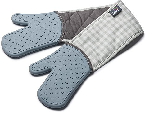 Zeal Silicone Heavy Duty Double Oven Gloves Mitts, Duck Egg Blue (94 cm Long) – Gingham
