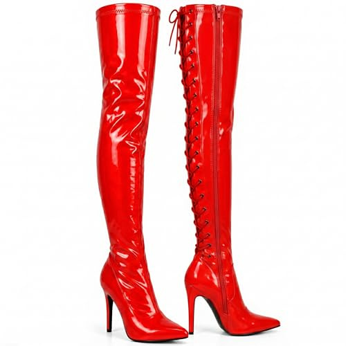 Golden Beads Women thigh high heel boots, Lace-up kinky fetish over the knee heels, elegant shoes with side zip and laces in Back, Ladies faux leather high heel boots (Red Patent, 11 UK, numeric_11)