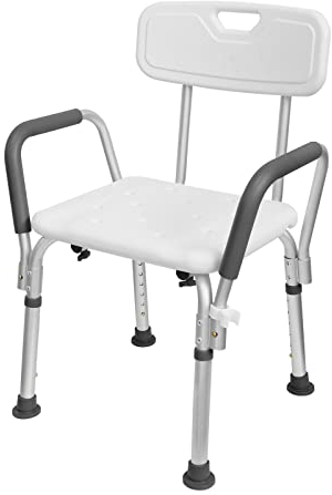 XMTECH Duschstol justerbar höjd 5 steg 37,5–50,5 cm, duschpall med ryggstöd och armstöd, duschhjälp, duschstol av aluminium och HDPE-plast upp till 136 kg belastning