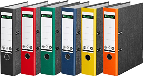 Leitz Qualitäts-Ordner, Wolkenmarmor-Papier, A4 (6er Pack | Breit) schwarz, rot, grün, blau, gelb und orange
