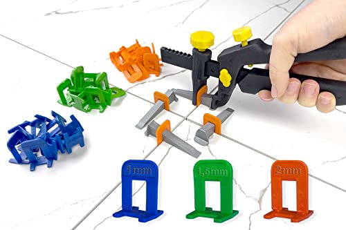 HexPro Fliesen Nivelliersystem 1mm 1,5mm 2mm Laschen, Fliesenstärke bis 15mm Fliesenkeile, Verlegehilfe Set (1 Nivellierset 1mm) Fliesen Verlege Set