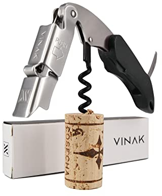 VINAK - Sacacorchos camarero profesional XPERT en acero inoxidable con doble apoyo articulado + abrebotellas + navaja cortacápsulas y espiral teflonada (Negro)