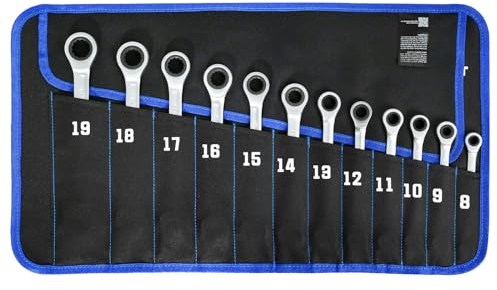 SORAKO Ratchet Spanner Sets, 12PCS Combination Wrenches, 72 Tooth Ratchet Gear 8-19 mm Metric Spanner Set, Fixed Head Combination Spanner Set in Roll Bag