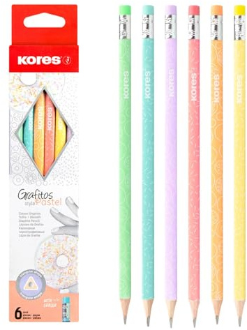 Kores - Grafitos collage stil: HB grafitpennor, träpennor belagda i pastellfärger med roligt mönster, latexfria radergummi, skol- och kontorsmaterial för att skriva, paket med 6